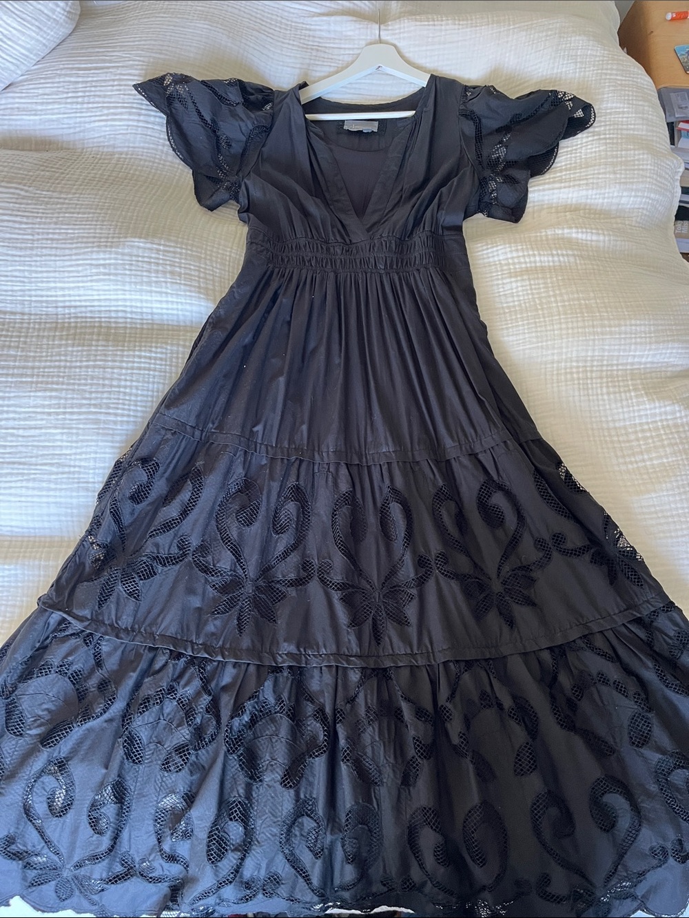 Anthropologie Sometset M Black Embroidered Flutter-Sleeve Maxi Dress